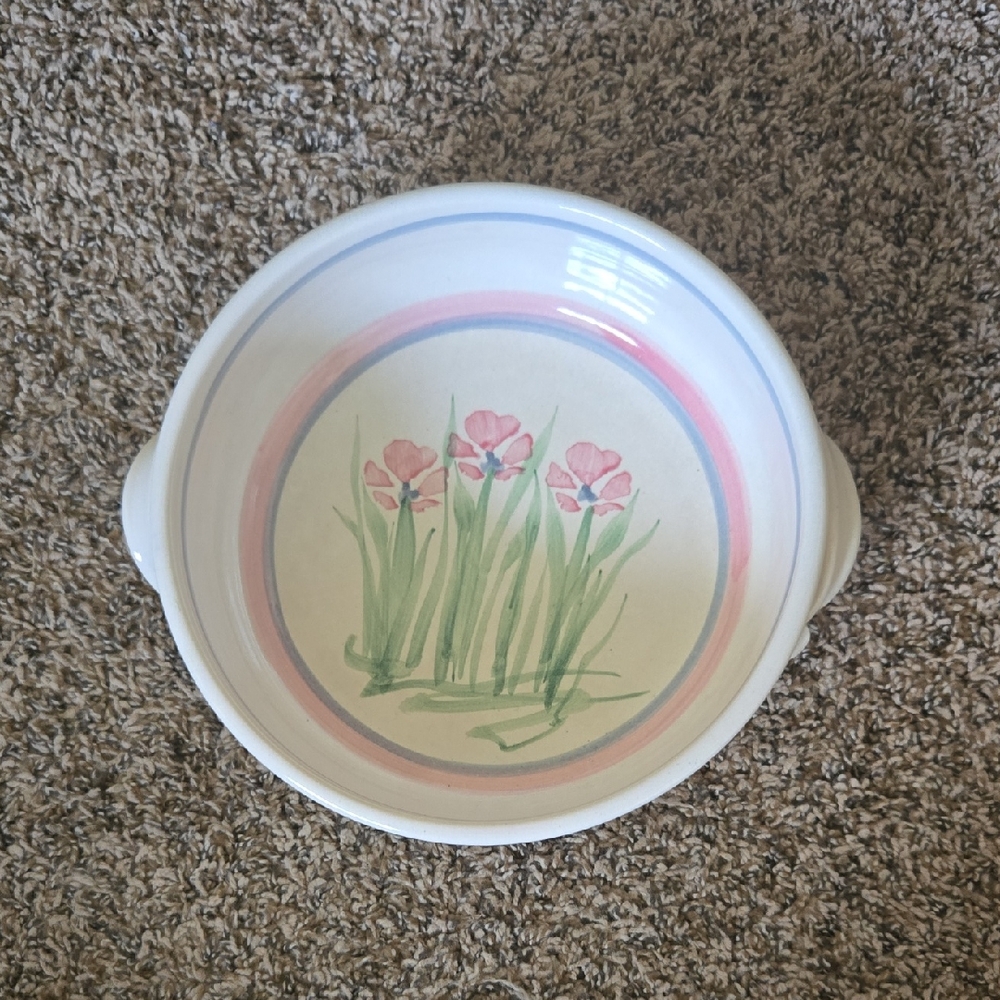NEW Vintage Handmade Floral Ceramic Serving Salad Bowl Rustic Cottage Farm Art